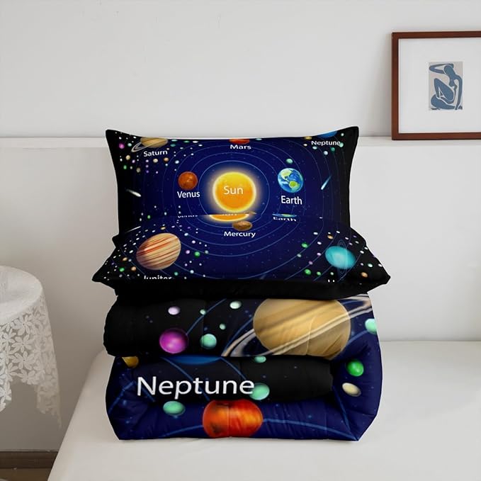 Feelyou Outer Space Comforter Set Boys Universe Planet Bedding Set for Kids Boys Girls Galaxy Comforter Planet Quilt Set 1 Comforter Set with 2 Pillowcases Queen Size