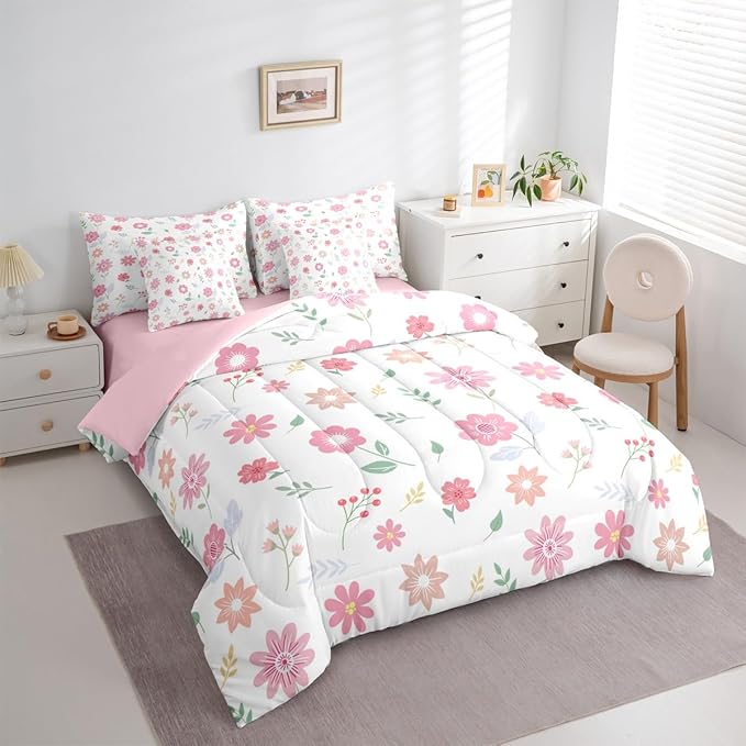 Feelyou Cute Flower 7 Piece Bedding Set Fresh Flower Floral Comforter Set with Sheets for Kids Boys Girls Nature Plants Bed in a Bag Pink Green Bed Set Soft Lightweight