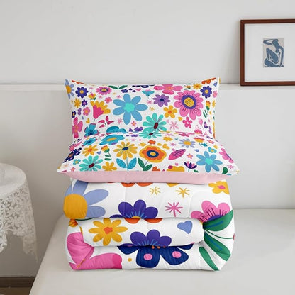 Erosebridal Cute Floral King Bedding Set for Girls Kids,Boho Flower Wildflower Comforter Set,Yellow Teal Pink Floral Bed Set Country Spring Flowers Kawaii Bedroom Decor with 2 Pillowcases
