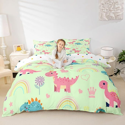 Kawaii Dino Duvet Cover Set Queen Size,Cute Rainbow Floral Love Heart Reversible Quilt Cover Set (NO Comforter),Pink Green Dinosaur Lovely Animal Soft Comforter Cover for Dorm Room, Zipper