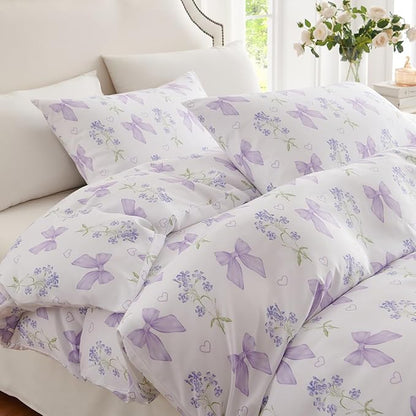 Purple Bow Duvet Cover Queen 3Pcs Girls Floral Duvet Cover Set, Cute Romantic Princess Style Bowknot Bedding Set Soft Microfiber Garden Flower Bedding with 2 Pillowcases(No Comforter)