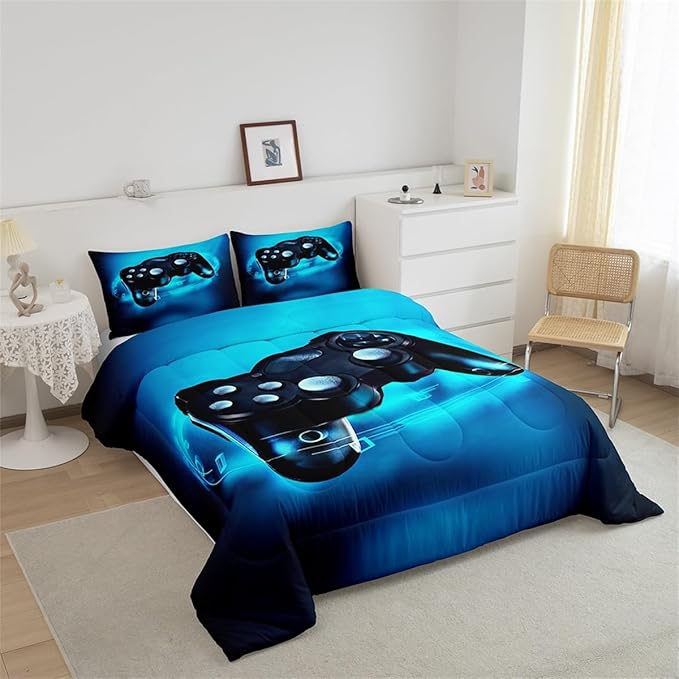 Feelyou Gamer Bedding Set for Boys Toddler Size Comforter Set Kids Gaming Comforter Blue Gamer Room Decor Video Game Gamepad Bed Set Teens Teenage Bedding Soft Warm 1 Comforter with 1 Pillowcases