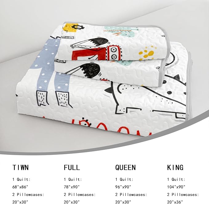 AILONEN Cartoon Dinosaur Quilt Set Twin Size, 3-Piece Dino & Construction Excavator Bedspread Coverlet Set,Soft Microfiber with 2 Pillowcases for Kids Girls