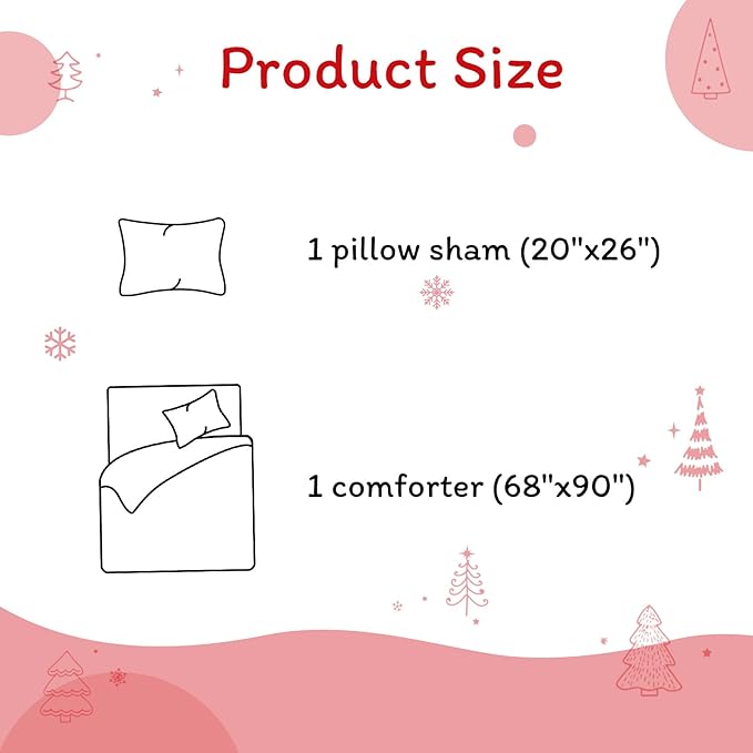 JSD Red Kids Christmas Comforter Set Twin Size, 2 Piece Xmas Tree Printed Microfiber Bedding Set, Machine Washable