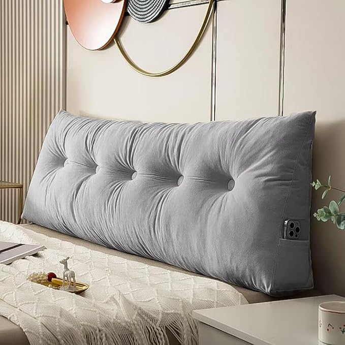 Queen Size Headboard Pillow Wedge Long Backrest Positioning Support for Sitting up Sleeping in Daybed Sofa Couch Wedge Bed Gap Filler Rest Large Reading Pillow with Side Pocket Bolster Cushion