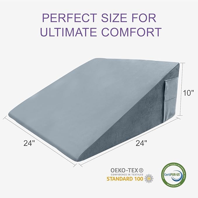 Memory Foam Bed Wedge Pillow (10"x24"x24") - Acid Reflux & Back Pain Relief, Anti-Snoring Incline Design, Removable Washable Cover for Sleep & Post-Surgery Support