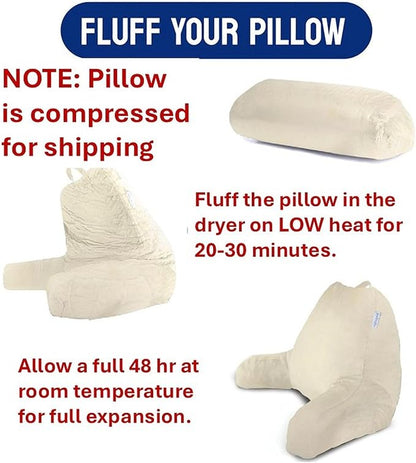 ComfortSpa Reading Pillow for Bed Adult Size, Back Rest Pillow with Arms, Pockets and Washable Cover; Use as a Back Pillow for Sitting in Bed for Bedrest or Relief from GERD Heartburn (Large Cream)