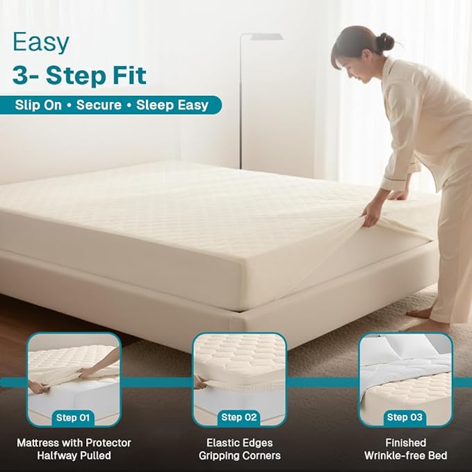 FABDREAMS Organic Quilted Mattress Protector Queen Size | Mattress Pad| Mattress Cover| Naturally Breathable | Noiseless| Fits up to 17" Deep Pocket| Temperature Regulating | Ivory