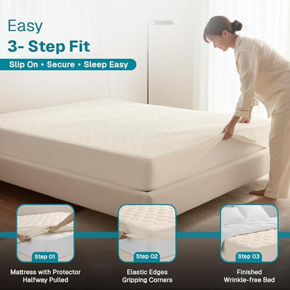 FABDREAMS Organic Quilted Mattress Protector Twin XL Size | Mattress Pad| Mattress Cover| Naturally Breathable | Noiseless| Fits up to 17" Deep Pockets| Temperature Regulating | Ivory