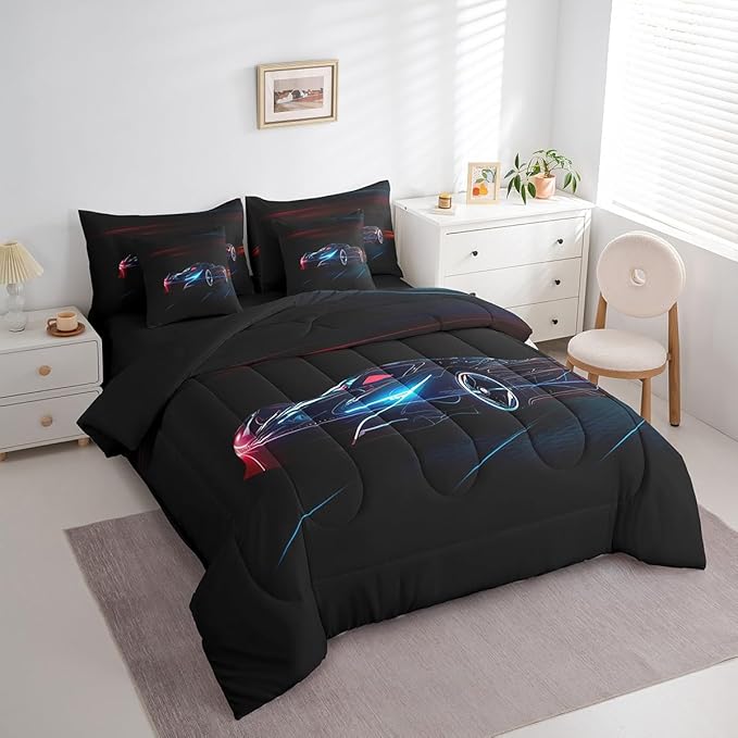 Feelyou Red Blue Race Car 7 Piece Bedding Set Full Size for Kids Boys Extreme Sport Games Comforter Set with Sheets Teens Toddler Fast and Furious Bed in a Bag Cool Modern Bed Set