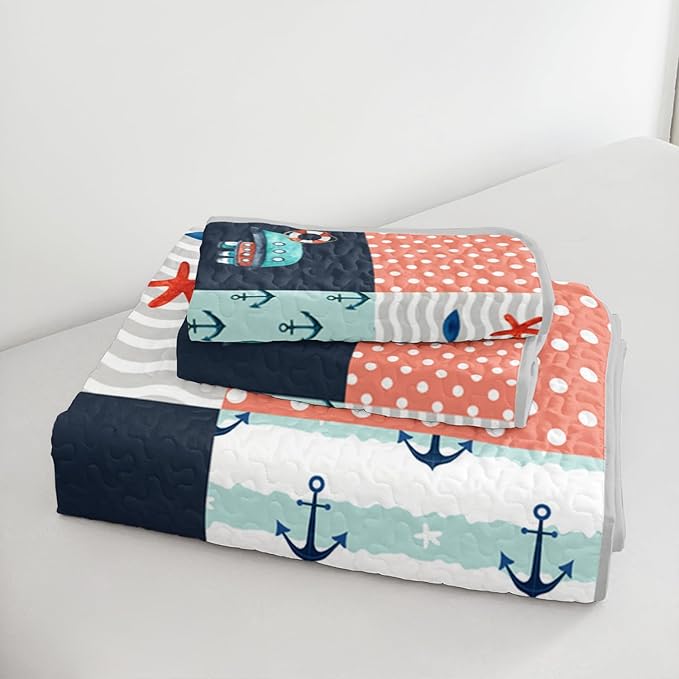 HOSIMA Nautical Quilt Set Twin Size,Plaid Patchwork Pattern Hand Painted Seaplane,Boat and Anchor Quilt for Bedroom Nautical Decor,Sea Adventure Theme Coastal Bedding with 2 Pillowcases.