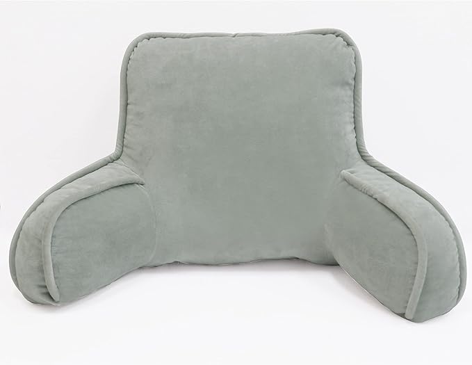 Super Soft Velvety Backrest Reading Bed Rest Pillow with Arms and Pockets 18" H for Sitting in Bed Couch Sofa, Back Support Wedge Cushion with Removable Cover, 20" x 18" x17", Light Grey