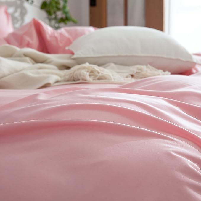 Pink Duvet Cover King, 100% Microfiber, Solid Design, Soft, Prewashed, Zipper Closure, 4 Ties, Ultra Soft Feel, Natural Wrinkled, King Size, 3 Count