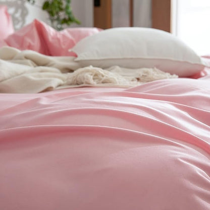 Pink Duvet Cover King, 100% Microfiber, Solid Design, Soft, Prewashed, Zipper Closure, 4 Ties, Ultra Soft Feel, Natural Wrinkled, King Size, 3 Count