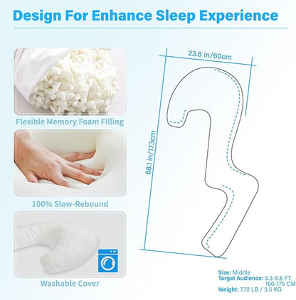 Body Pillow with Cover, 68 Inches Memory Foam Full Body Pillow for Side Sleeper, Long Pregnancy Pillow with Contour Support for Back, Knee, Leg Relief - Medium White