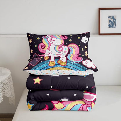 Feelyou Unicorn Bedding Toddler,Star Print Rainbow Kids Comforter Sets for Girls Comforter Set,Cute Animal Bedding Cute Unicorn Duvet Quilt,Fairy Bedroom Decor