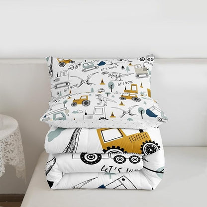 Feelyou Construction Comforter Set King Size Kids Cartoon Car Excavator Tractor Toddler Comforter Equipment Trucks Dinosaur Comforter Set Construction Vehicles White Yellow Duvet Set Quilt Set