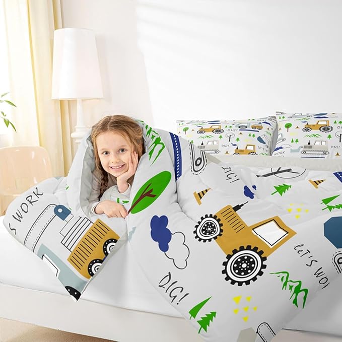 Feelyou Construction Comforter Set Toddler Size Equipment Trucks Bedding Set for Kids Boys Construction Vehicles Duvet Quilt Excavator Tractor Bedroom Decor Cartoon Car Grey2 Pcs with 1 Pillow Cases