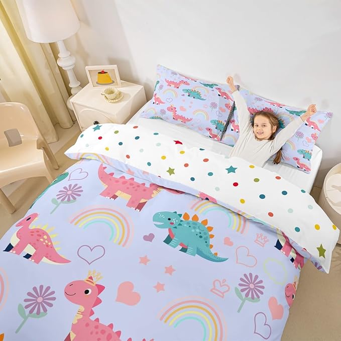 Kawaii Dino Duvet Cover Set Twin Size,Cute Rainbow Floral Love Heart Reversible Bedding Set Soft Bedroom Decor,Blue Pink Dinosaur Lovely Animal Polyester Quilt Cover (No Comforter), 2 Pcs