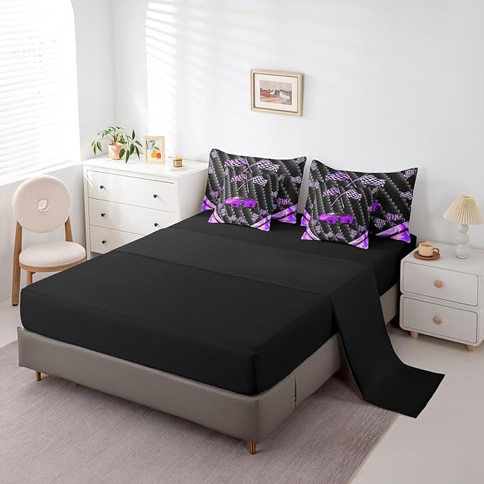 Feelyou Purple Race Car 7 Piece Bedding Set King Size Extreme Sports Comforter Set with Sheets for Kids Teens Adult Fast and Furious Bed in a Bag Dazzling Flag Bed Set