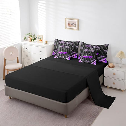 Feelyou Purple Race Car 7 Piece Bedding Set King Size Extreme Sports Comforter Set with Sheets for Kids Teens Adult Fast and Furious Bed in a Bag Dazzling Flag Bed Set