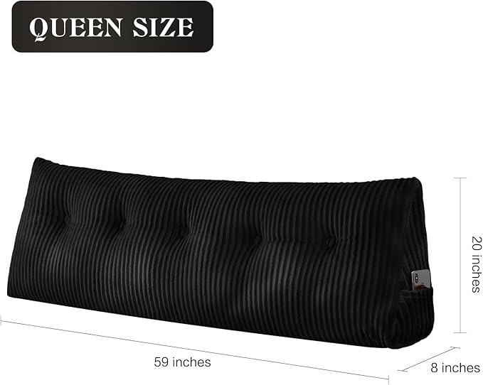 SLIGUY Large Headboard Pillow, Headboard Wedge Pillow Bed Rest Reading Pillow Bolster Triangular for Sitting in Bed-Backrest Positioning Support Long Pillow for Daybed (Queen:59x8x20 Inches,Black)