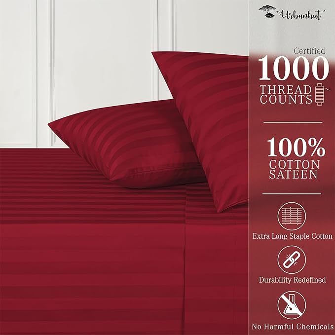 URBANHUT 1000 Thread Count Damask Striped Queen Bed Sheets Egyptian Cotton Sheet Set, Long Staple Soft & Breathable, 4 Pc Bed Sheet Sets, Luxury Hotel Sateen Sheets Fits 16" Deep Pocket - Burgundy