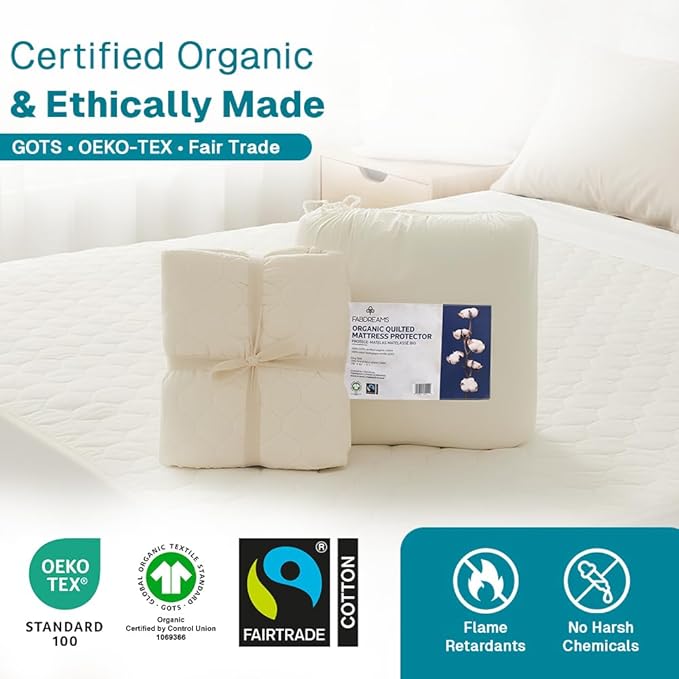 FABDREAMS Organic Quilted Mattress Protector Queen Size | Mattress Pad| Mattress Cover| Naturally Breathable | Noiseless| Fits up to 17" Deep Pocket| Temperature Regulating | Ivory