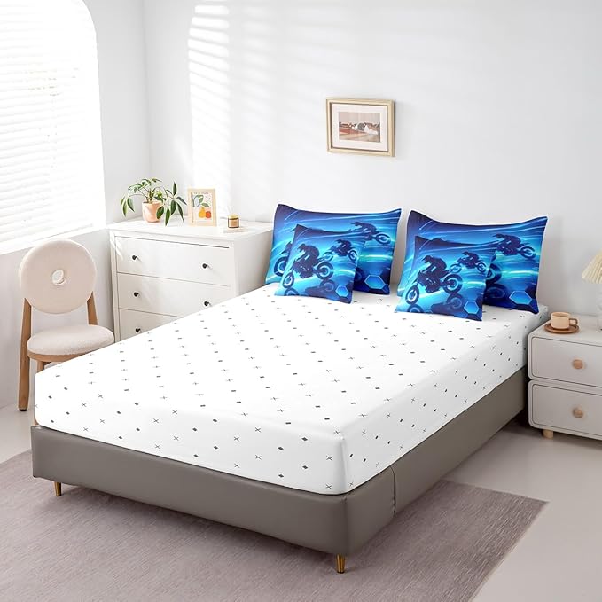 Feelyou Dirt Bike Comforter Set with Sheets King Size Racing Motocross Rider 7 Piece Bedding Set for Kids Boys Girls Teens Toddler Extreme Sports Bed in a Bag Blue Bed Set