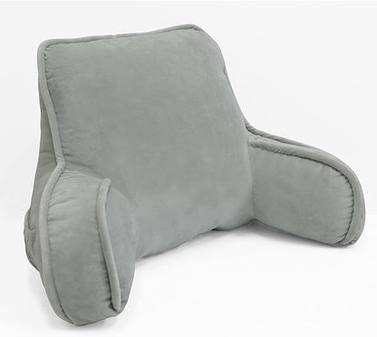 Super Soft Velvety Backrest Reading Bed Rest Pillow with Arms and Pockets 18" H for Sitting in Bed Couch Sofa, Back Support Wedge Cushion with Removable Cover, 20" x 18" x17", Light Grey