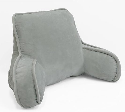 Super Soft Velvety Backrest Reading Bed Rest Pillow with Arms and Pockets 18" H for Sitting in Bed Couch Sofa, Back Support Wedge Cushion with Removable Cover, 20" x 18" x17", Light Grey