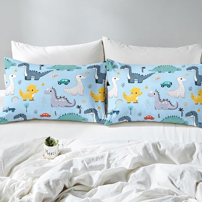 Cute Car Kids Bedding Set King Size for Teens,Kawaii Dino Colorful Wild Animal Comforter Cover with 2 Pillowcases,Cartoon Dinosaur Rainbow Sketch Blue Duvet Cover Set Microfiber Quilt Cover