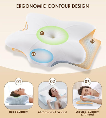 Cervical Memory Foam Pillow for Neck and Shoulder, Ergonomic Contour Cervical Pillow for Sleeping with 2 Heights, Cooling Neck Support Pillows for Side Back Stomach Sleeper Blue