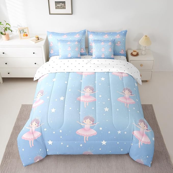 Feelyou Ballet Girls 7 Piece Bedding Set Twin Size - Cute Comforter Set With Sheets for Kids, Teens, Toddler - Dancing Girl Bed in a Bag With Star Pattern