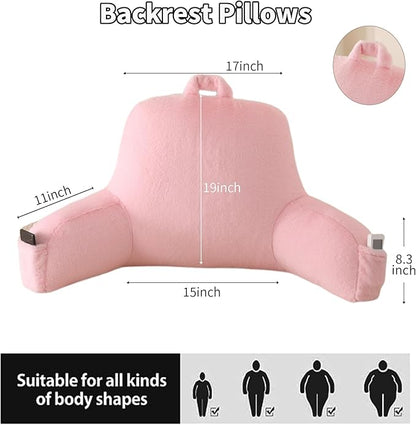 Reading Pillow for Sitting in Bed, Large Backrest Reading Pillow with Arm Rest,Back-Rest Support Cushion for Sit Up on Couch, Sofa, and Floor, Dorm Essentials (Pink Faux Fur, Large(19"))