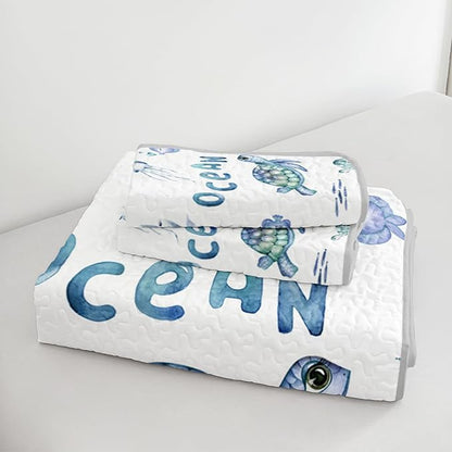 Twin Quilt Bedding Set 3 Pieces,Sea Turtle Shell Coral Pattern Bed Sets for Room Coastal Decor,Ocean Themed Bedding Summer Quilt with 2 Pillowcases.