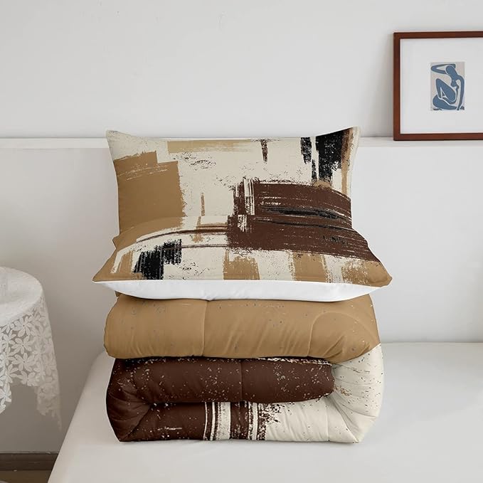 Feelyou Abstract Bedding Set Comforter Set for Kids Boys Girls Teens Room Decor Modern Abstract Art Comforter Grey Brown Black Duvet Set 3Pcs Full Size