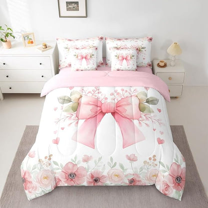 Erosebridal Pink Bow 7 Piece Bedding Set - Kawaii Floral Bowknot Comforter Sets with Sheets for Kids Girls Room Decor - Romance Flowers Coquette Bowknot Bed in A Bag Queen Size