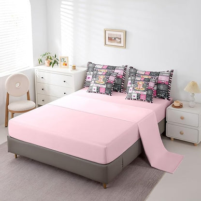 Feelyou Black Pink Pig Comforter Set with Sheets King Size Kids Cartoon Cute Pig 7 Piece Bedding Set Geometric Bed in a Bag for Women Men for Pig Lovers Bed Set