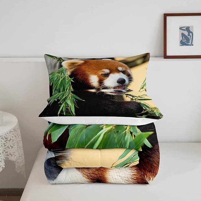 Feelyou Red Panda Bedding Set Cute Animal Pattern Comforter for Kids Boys Girls Teens Red Panda Leaves Print Comforter Set Breathable Nature Quilt Set Bedroom Collection 2Pcs Twin Size