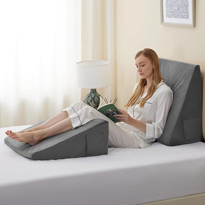 Bedluxe Wedge Pillow, 8 inch Bed Wedge Pillow for Headboard, Pillow Wedge for Acid Reflux Relief, Sleeping, After Surgery, Snoring, Gerd, Triangle Pillow Wedge - Cooling Memory Foam Top, Plush Grey