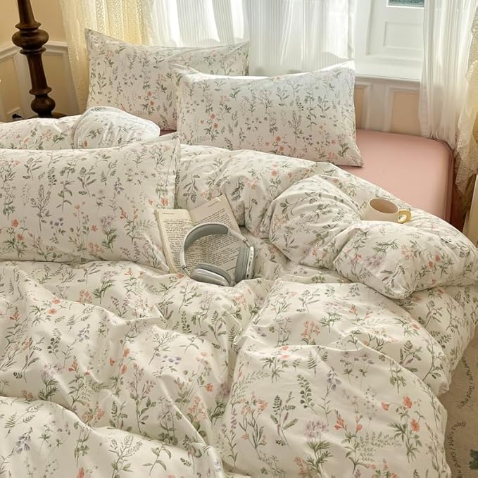 Floral Duvet Cover Full Size Green Floral On White Bedding Set 3Pcs Spring Romantic Garden Botanical Reversible Cottagecore Comforter Cover with Zipper Closure and 2 Pillowcases