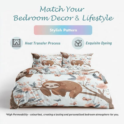 Sloth Duvet Cover King Size, Kids Boys Girls Bedding Set 3 Pcs (2 Pillow Shams), Super Soft Microfiber Bedroom Decor, Zipper & Ties CSXQ1247