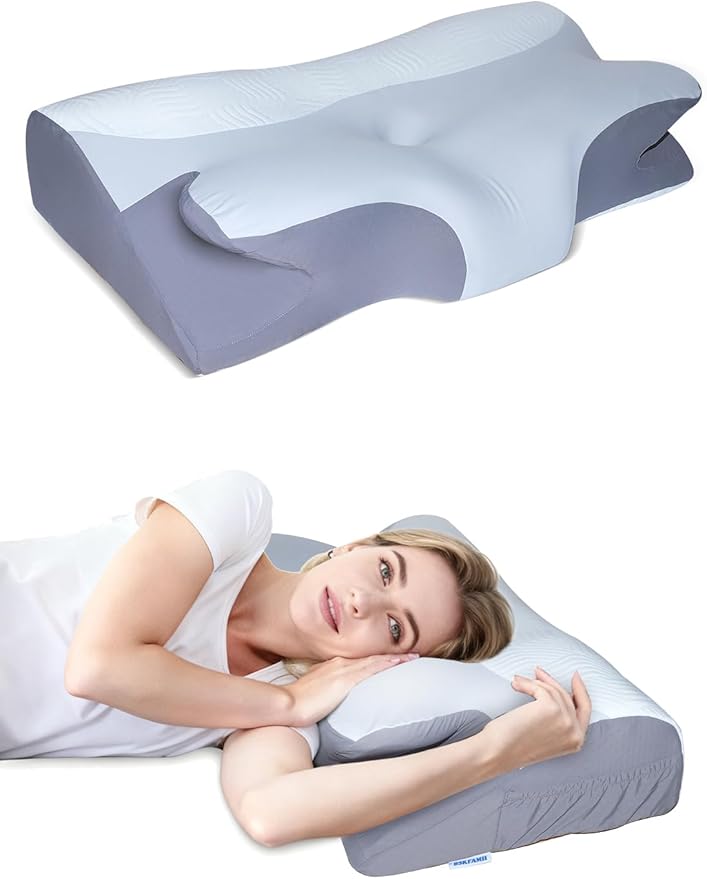 Orthopedic Neck Pillow - 2 in 1 Cooling Contoured Memory Foam Pillow, Butterfly Pillow for Side/Back/Stomach Sleepers with Removable Cover and Side Pocket (King, White & Gray)