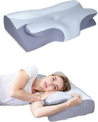 Orthopedic Neck Pillow - 2 in 1 Cooling Contoured Memory Foam Pillow, Butterfly Pillow for Side/Back/Stomach Sleepers with Removable Cover and Side Pocket (King, White & Gray)