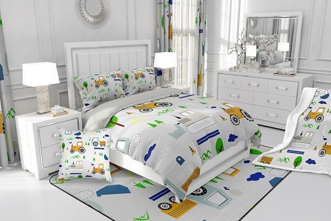 Feelyou Construction Comforter Set Toddler Size Equipment Trucks Bedding Set for Kids Boys Construction Vehicles Duvet Quilt Excavator Tractor Bedroom Decor Cartoon Car Grey2 Pcs with 1 Pillow Cases