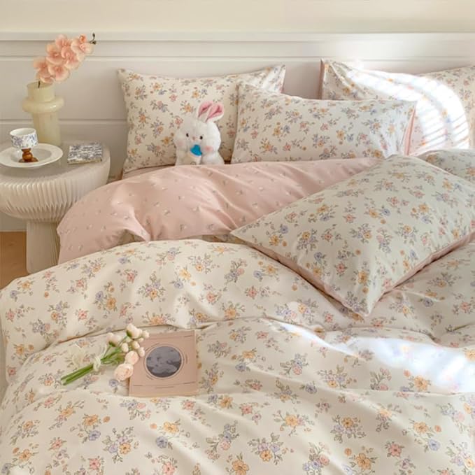 Pink Purple Floral Duvet Cover Queen Size Botanical Romantic Flower Bedding Set Kids Boys Girls Spring Aesthetic Garden Style Reversible Soft Breathable Comforter Cover 3Pcs