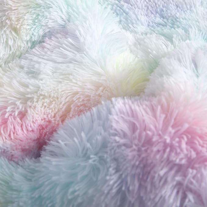Wajade Faux Fur Plush Rainbow Comforter Set Fluffy Fuzzy Shaggy Bedding Set - 3PC Full/Queen Microfiber Soft Warm Quilt Set