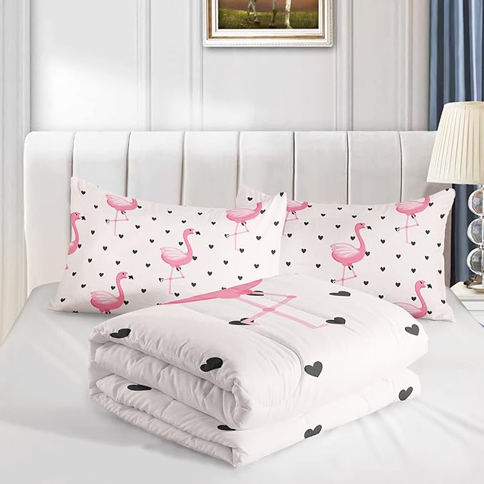 Flamingo Comforter Set Twin Size Tropical Pink Flamingo Love Heart Pattern Bedding Set Kawaii Quilted Duvet for Kids Girls Boys Adult with 1 Comforter and 2 Pillowcases