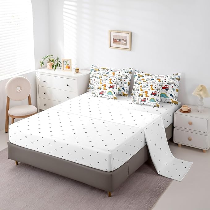 Feelyou Construction Comforter Set with Sheets 7 Piece Twin Size Kids Cartoon Dinosaur Bed in a Bag for Boys Equipment Trucks Bedding Set Construction Vehicles Kawaii Jungle Dino Bed Set Room Decor